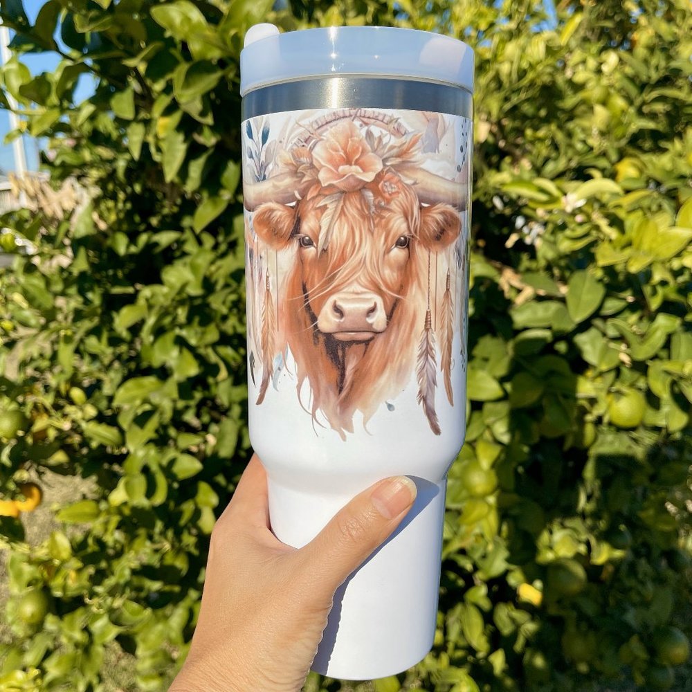 Birthday gift Floral Highland Cow 40 oz Personalized Tumbler. BRAND NEW Double
